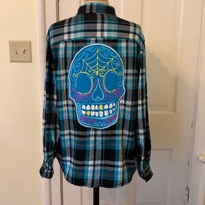 Skull Dia de la Muerte Upcycled Hand Made Plaid Flannel Shirt L-XL Unisex
